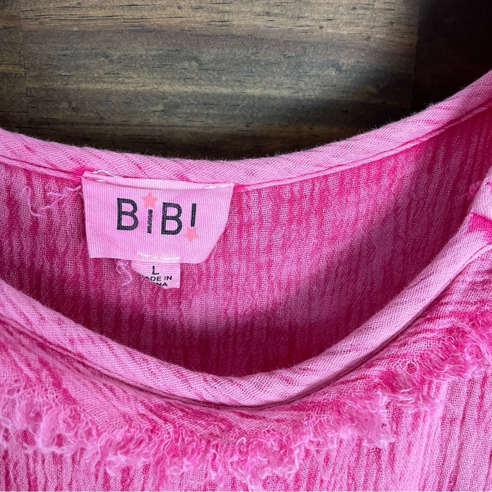 Bibi | Mineral Wash Gauze Ruffle Blouse Deep Square Neck Hot Pink Raw Frayed - Picture 14 of 14